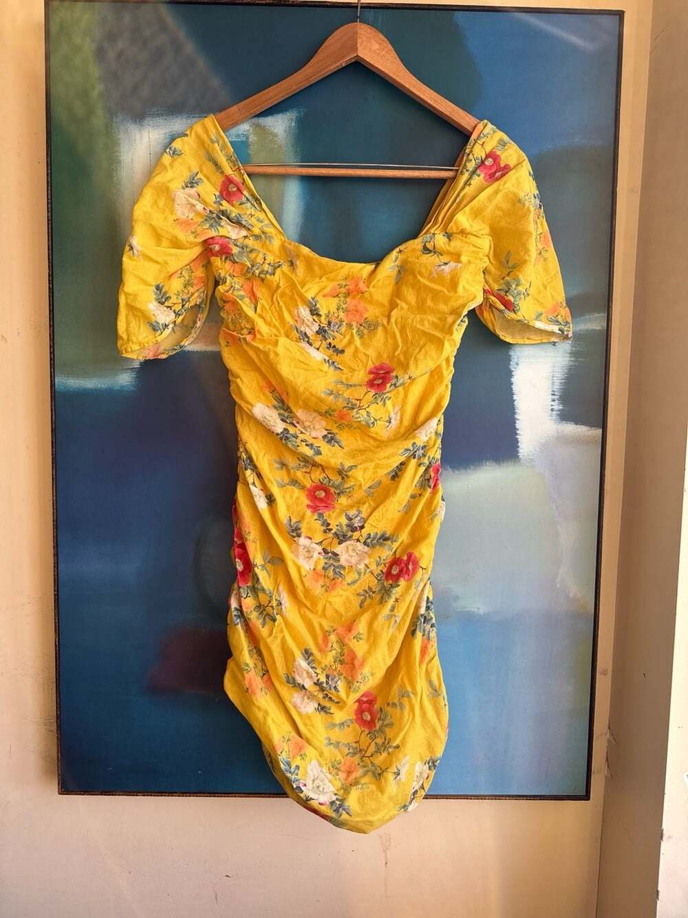 Lovers + Friends Joss Yellow Floral Ruched Mini Dress Size M